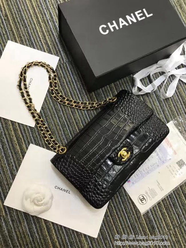 香奈兒CHANEL 黑色色A01112新款經典CF小牛皮壓花鱷魚紋時尚單肩鏈條口蓋包 DSC2098